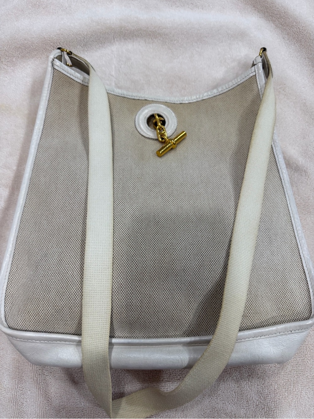 Hermes Vespa Beige Toile Canvas White Leather Shoulder Bag